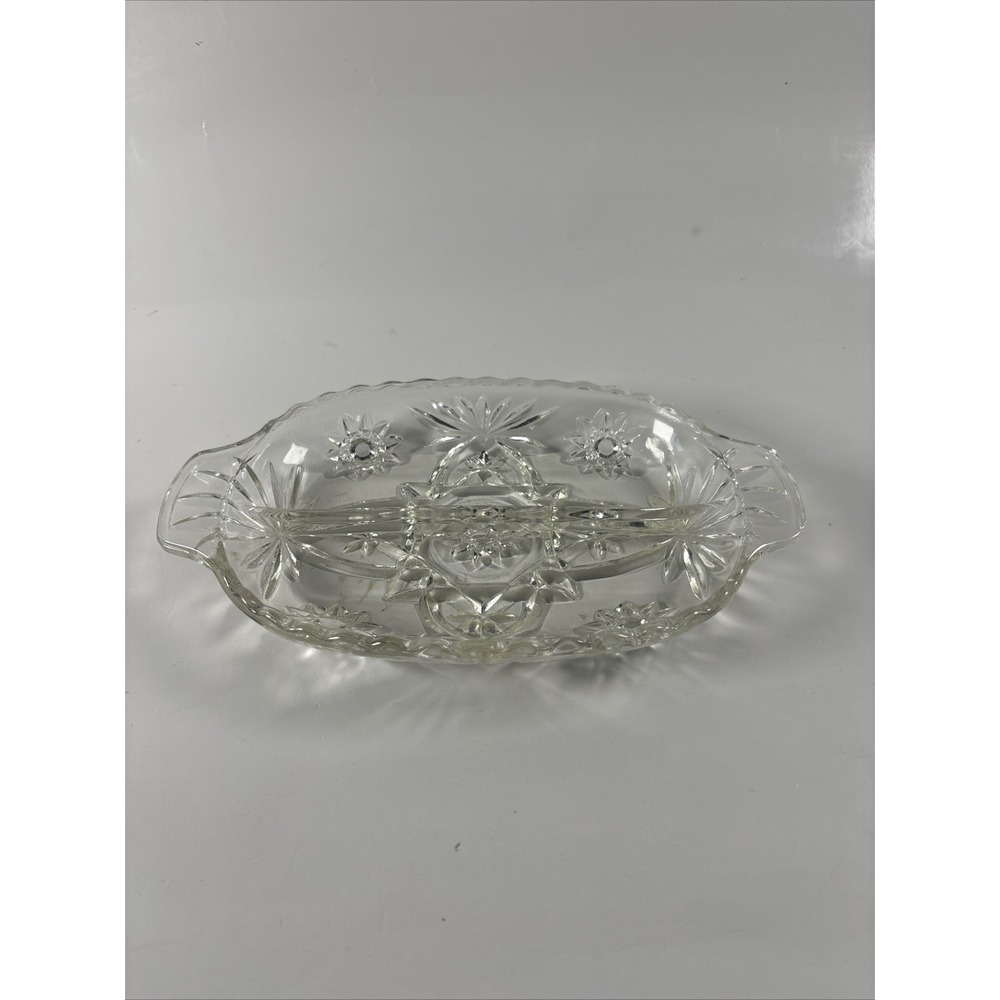 Vintage Pressed Glass Divided Relish Dish w/ Handles Starburst Pattern Candy